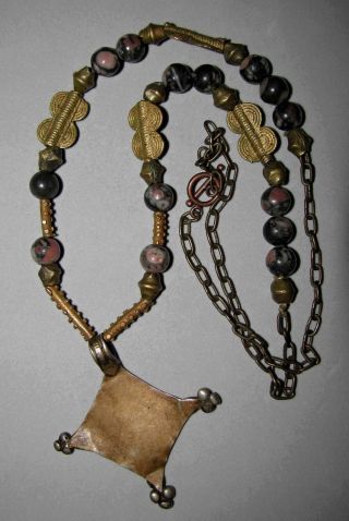 African Tuareg Pendant,  Ancient Fossil Beads,  Brass Tabular,  Gold Wash Necklace photo