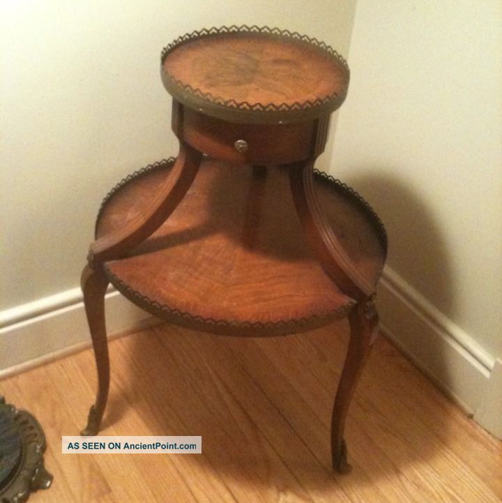 Antique French Mahogany Stand With Drawer & Brass Adornmmets 12 Pix 1900-1950 photo