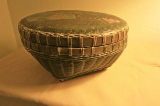 Antique Basket,  Chinese,  Painted Lid With Old Blue Paint,  Bamboo And Wicker photo
