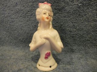 Antique German Pincushion Half Doll Elegant Lady With Pink Flowers Inscribed ' S photo