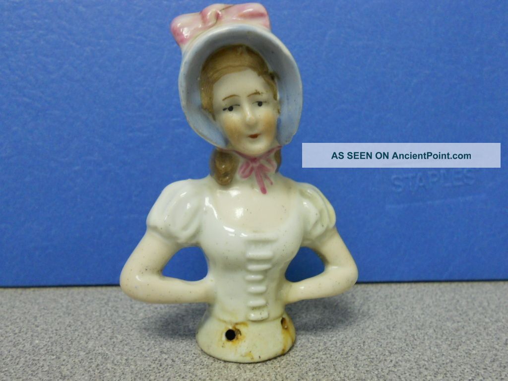 Antique German Pincushion Half Doll Lady W/blue&pink Bonnet Damaged W/ ' S 5715 Pin Cushions photo