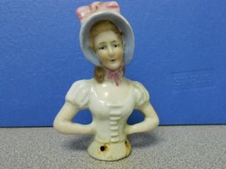 Antique German Pincushion Half Doll Lady W/blue&pink Bonnet Damaged W/ ' S 5715 photo
