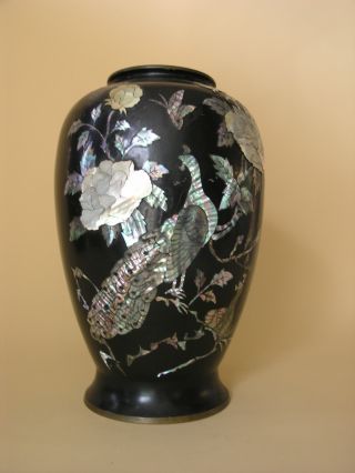 Old Estate Chinese Lacquer Metal Vase Inlaid Shell Mop Flower Ikebana Container photo