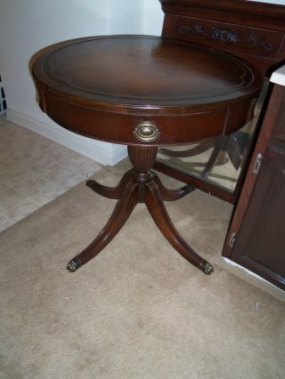 Vintage Leather Top Drum Table With Metal Claw Feet photo