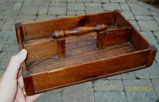 Antique Primitive Wooden Cutlery Knife Utensil Box Tray Tote Wood Turned Handle photo