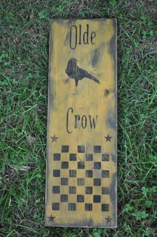 Mustard Yellow Wood Olde Crow Sign / Game Board Country Primitive Folk Art photo