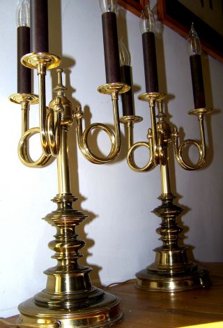 Vtg.  Elegant Unique Pair Solid Brass Trumpets Motifs Candelabras Fixture photo
