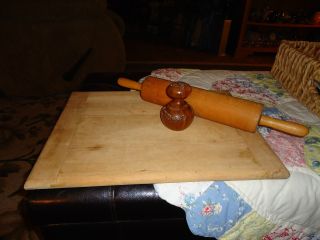 Antique Cutting Board,  Rolling Pin And Biscuit Cutter photo