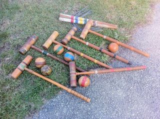 Antique Croquet Set,  Wood Mallets And Balls photo