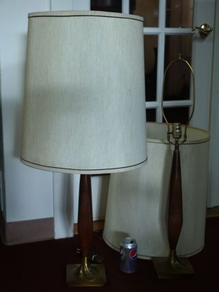Pair Vintage 1950 ' S Mid Century Danish Modern Mahogany Lamps & Shades photo