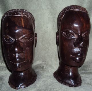 1970 Antique West African Art Cotonou Dahomey Pair Of Ebony Head Statues photo