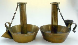 Pair 2 Arts & Crafts Style Hand Crafted Candlesticks W Snuffers On Chains photo