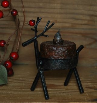Primitive Reindeer Candle Holder Set W/ Brnt Mustard Timer Tea Light photo