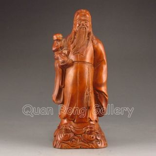 Hand - Carved Chinese Wood Statue - Fortune Taoism Deity & Kid Nr photo