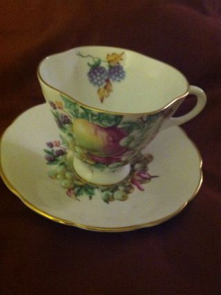 Vintage Cup & Saucer Fruit Pattern Vibrant England Bone China Great Gift Idea photo