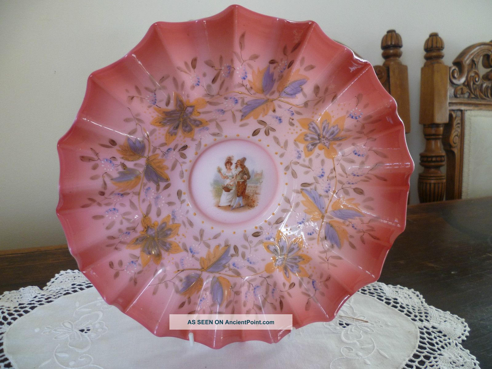 Stunning Antique Victorian 1870 ' S Ruby Milk Glass Hand Painted Fluted Bowl Bowls photo