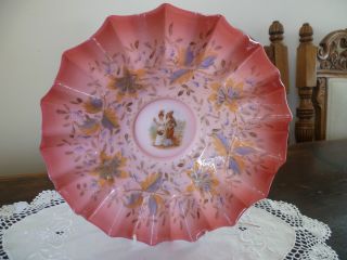 Stunning Antique Victorian 1870 ' S Ruby Milk Glass Hand Painted Fluted Bowl photo