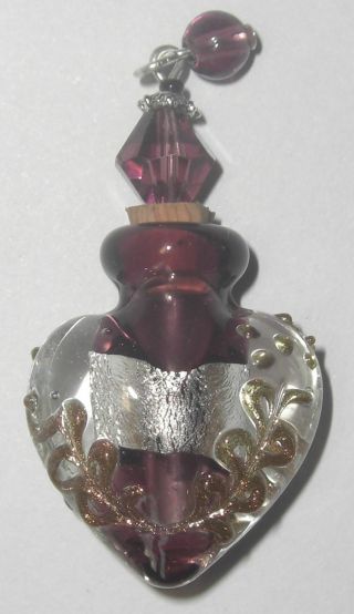 1 Jewelry Purple Heart Murano Perfume Bottle Lampwork Art Deco Glass Charm Bead photo