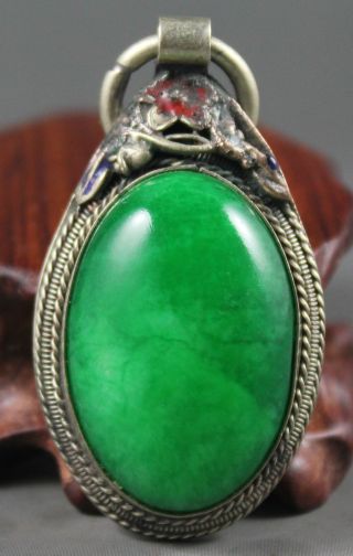 Ancient China Jade Chinese Hetian Green Jade Jade And Silver Pendant 2.  2inch photo