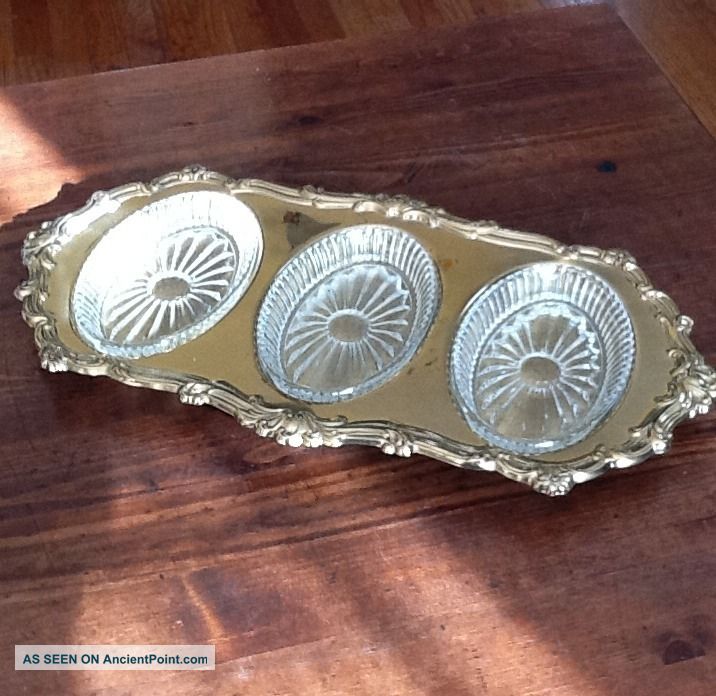Antique Gold Plated Bronze Serving Tray With Removable Glass Inserts Trivets photo