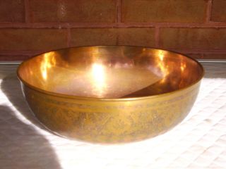 Vintage Antiqued Copper Bowl With Floral And Other Etchings - 10 1/2 