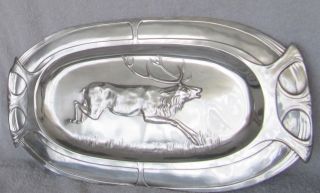Antique German Wall Plate Hunting Scene Large Stag Silverplated Pewter photo