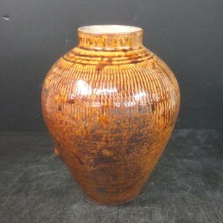 H610: Japanese Old Tanba Pottery Flower Vase Good Brown Glaze Wabi - Sabi photo