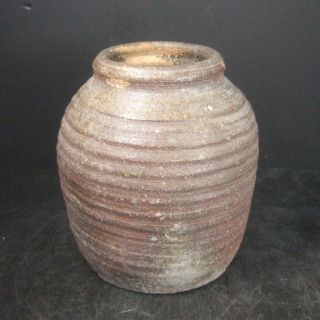 H611: Japanese Old Tokoname Pottery Ware Flower Vase With Good Natural Glaze. photo