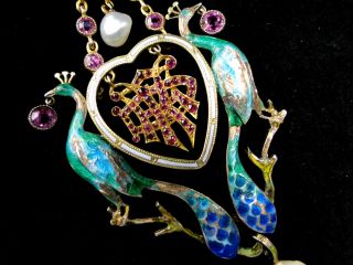 Stunning Art Nouveau Enamelled & Pearl Peacock Pendant - Ruby Set - Very Rare photo