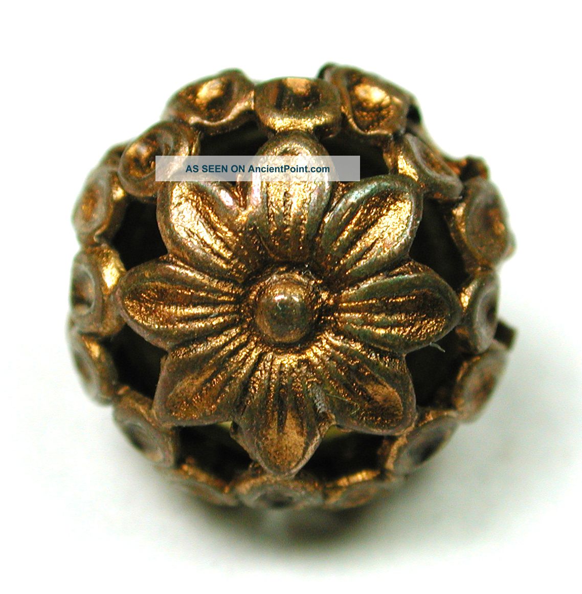 Antique Brass Button Pierced Ball W/ Flower Design Buttons photo