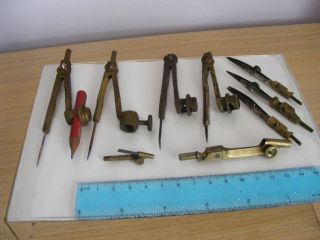 Antique Vintage Brass Drawing Instruments Compass Dividers & Other Bits / Parts photo