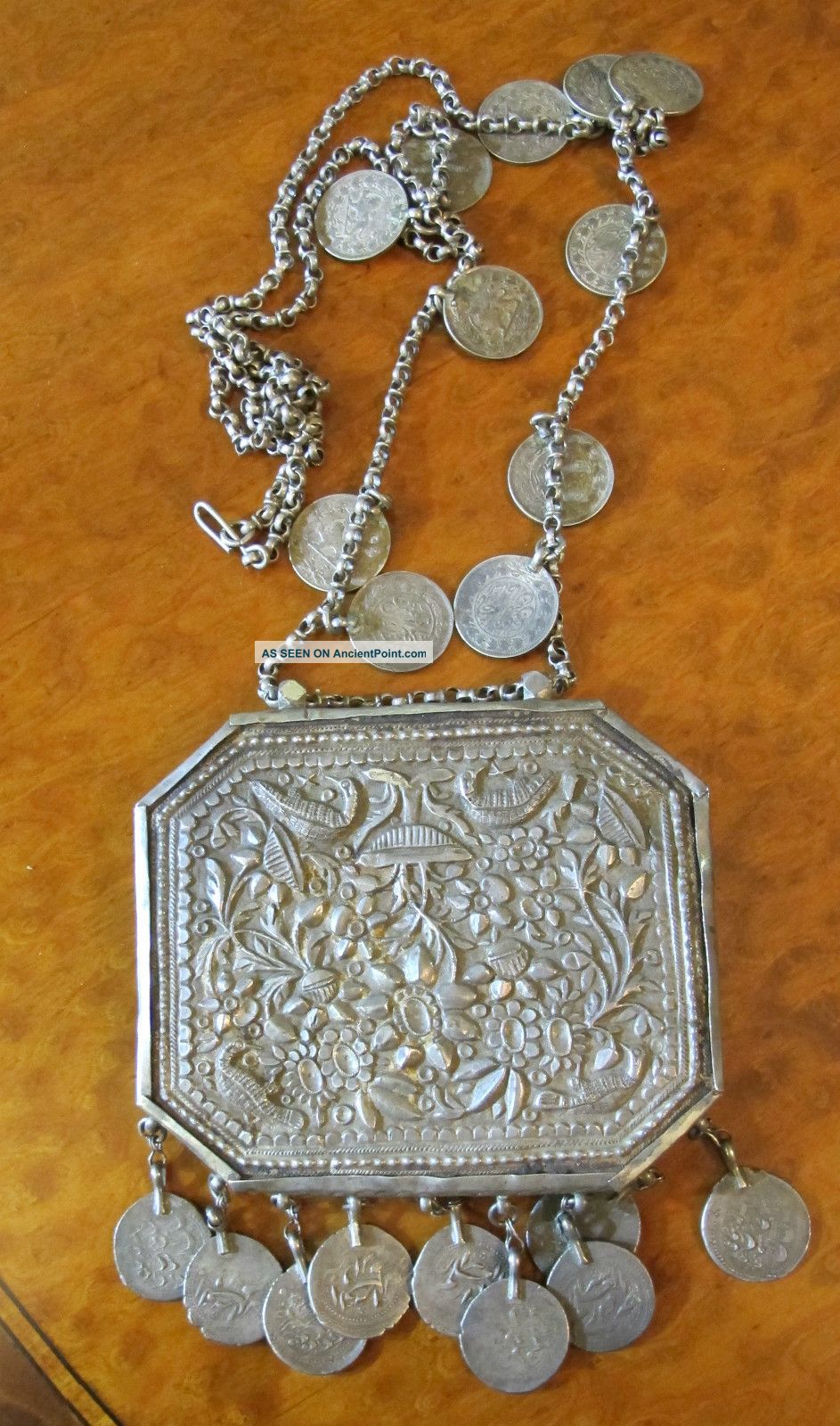 Antique Qajar Art Silver Necklace Mirror Inside Qajar Coins Persian Toreutics Middle East photo