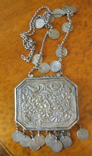 Antique Qajar Art Silver Necklace Mirror Inside Qajar Coins Persian Toreutics photo