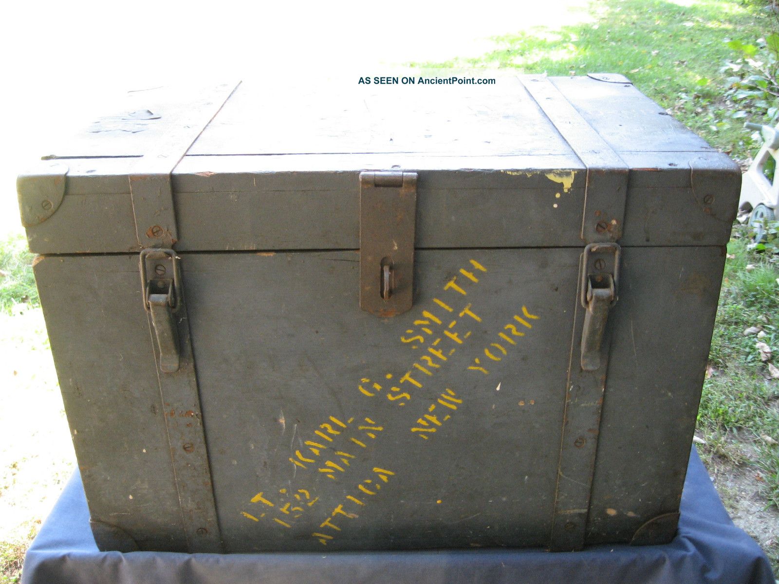 Vintage Military Navy Chest Named Soldier Attica Ny Foot Locker Trunk Wood Box 1900-1950 photo