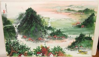 Japanese River Sail Boats Landscape Watercolor Painting photo