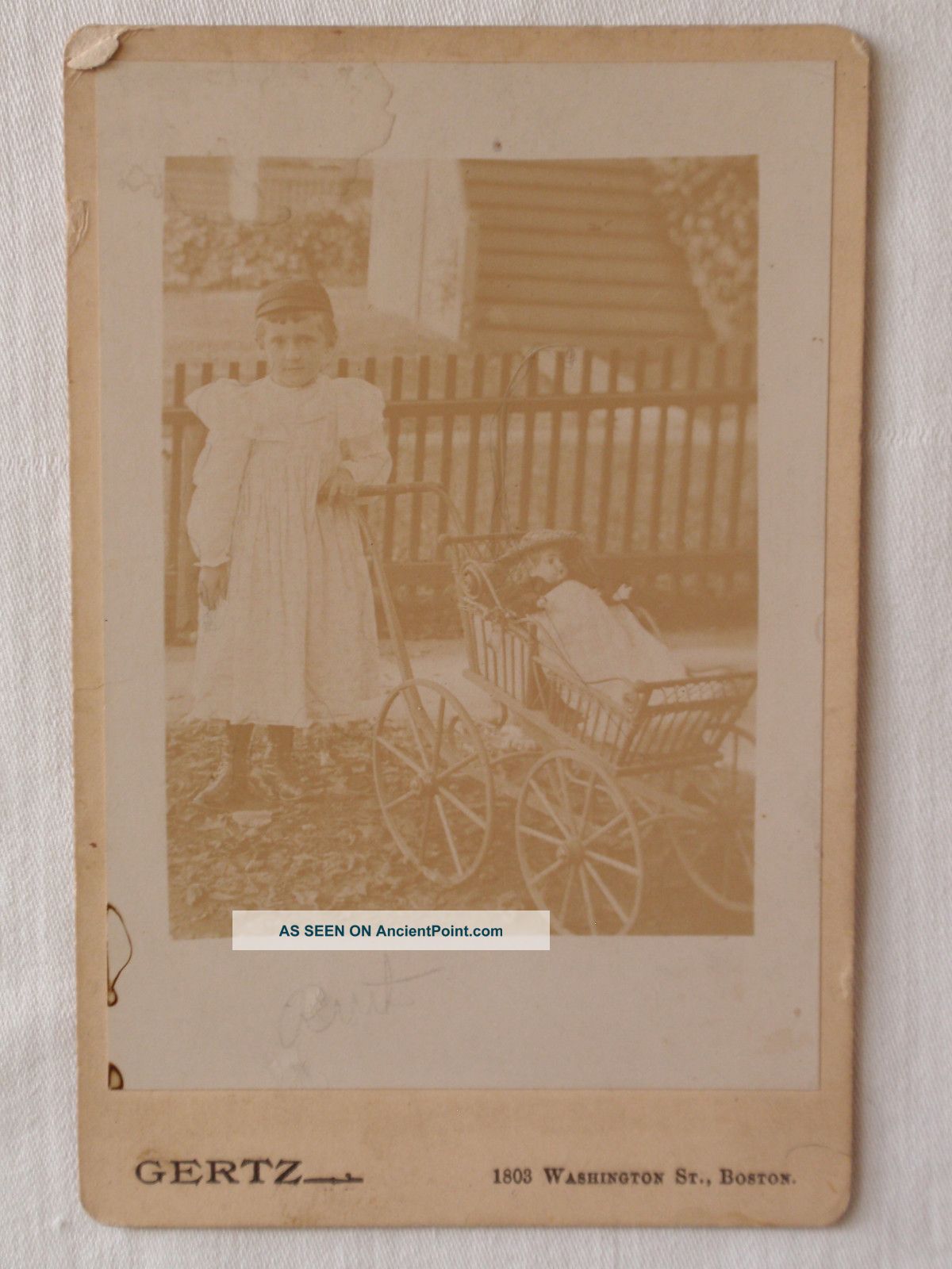 Vintage 1800 ' S Cabinet Photo Girl & Antique Doll In Wicker Baby Carriage Buggie Baby Carriages & Buggies photo