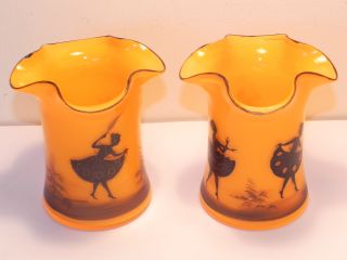 Rare Antique Art Nouveau Orange Glass Hand Blown Cameo Vases Ballet Dancers photo