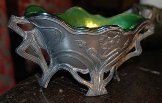 Gorgeous Art Nouveau Bon Bon Dish (spelter) & Green Glass Inner Shaped (70) photo