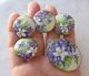 Vintage Antique Stud Button Matching Brooch Hand Painted Porcelain Violet Flower Buttons photo 8