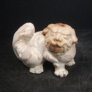 H878: Rare Japanese Old Pottery Ware Incense Burner Of Foo Dog Statue. photo