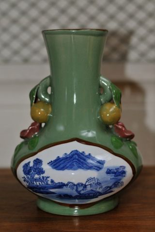 Chinese Porcelain Bottle Vase W Handles Molded Fruit Blue & White Panels photo