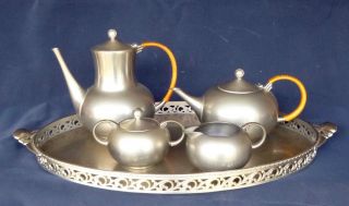 5 Piece Mid Century Pewter Royal Holland Tea Coffee Set 1950s - 60s Exclnt Cond photo