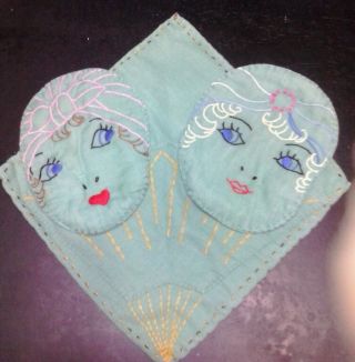 Vintage Linen Embroidered Flapper Girl Face Decor Towel Wall Hanging photo