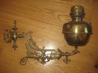 Antique Victorian Solid Brass Oil Lamp Lampe Veritas Ornate Wall Sconce photo