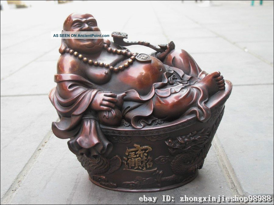 China Red Bronze Dragon Phoenix Yuan Bao Auspicious Happy Maitreya Buddha Statue Reproductions photo