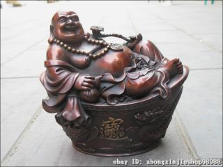 China Red Bronze Dragon Phoenix Yuan Bao Auspicious Happy Maitreya Buddha Statue photo