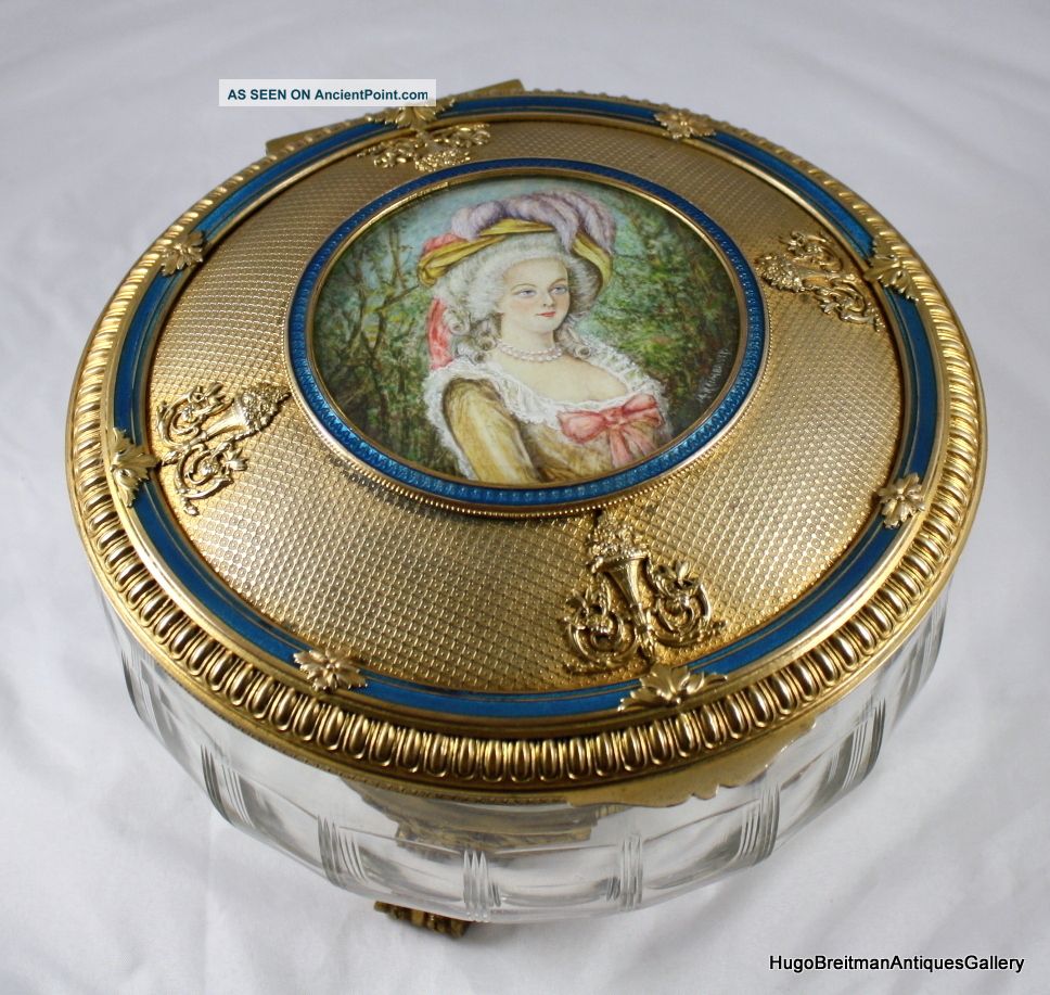 A Great Luis Xv Gilt Bronze Guilloché Enamel Jewelry Box Hand Painted Miniature Metalware photo