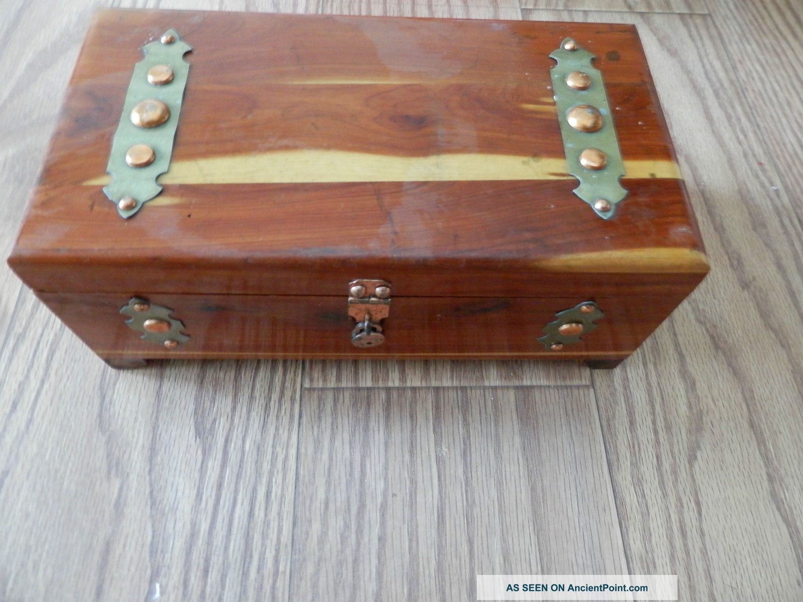 Gorgeous Large Art Deco Banded Pilliod Cedar Box,  Copper Lock Boxes photo