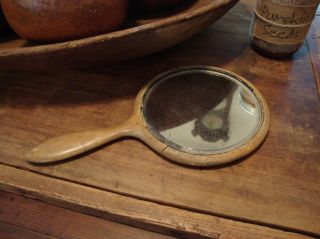Early Antique Primitive Old Hand Mirror Beveled Wooden Handle Aafa photo