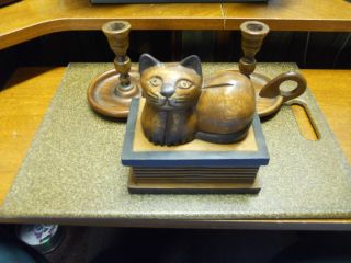 Colonial Wood Candle Holders & Cat Jewelry Box photo